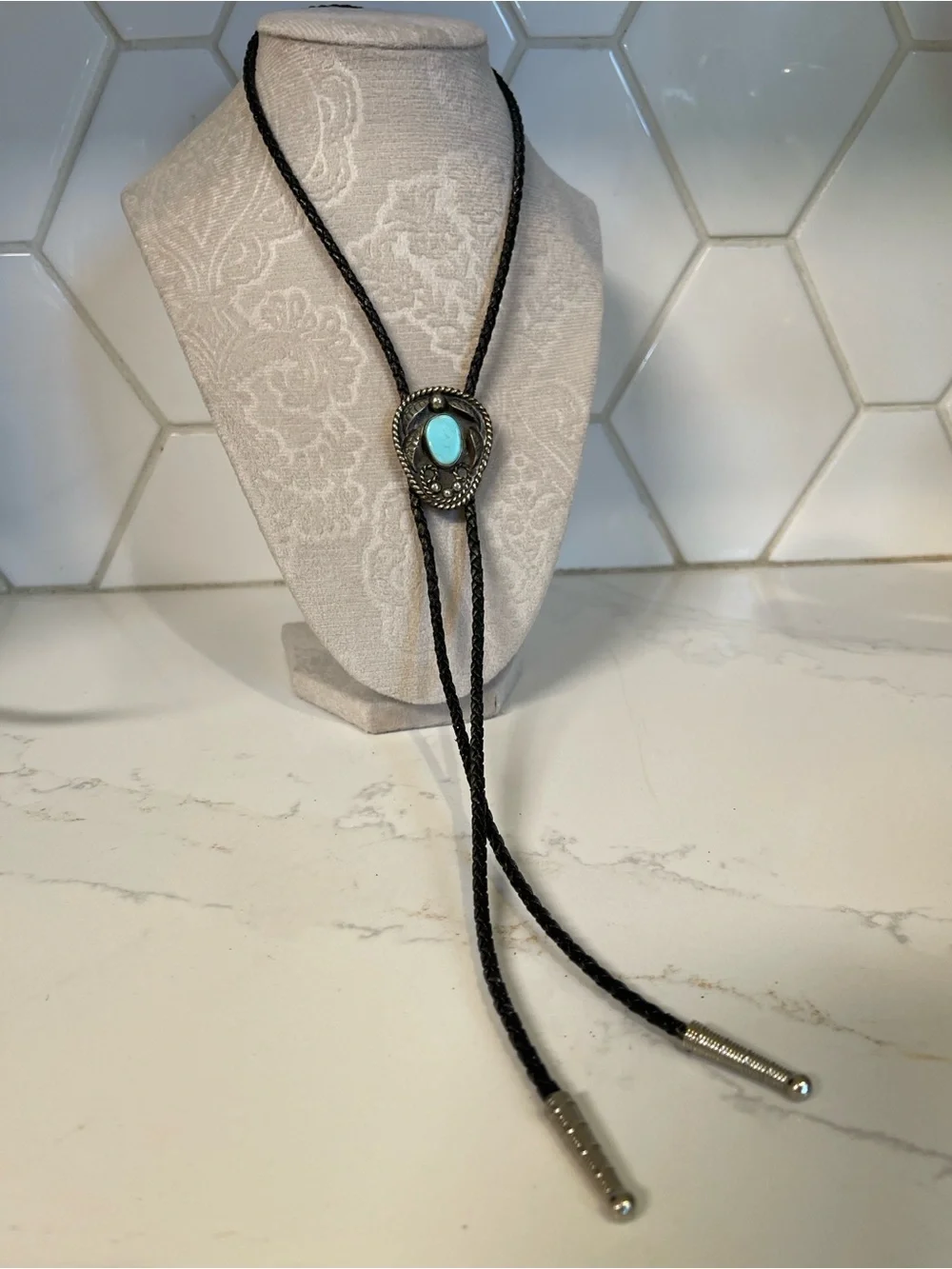 Turquoise Stone Bolo Tie with Braided Black Cord